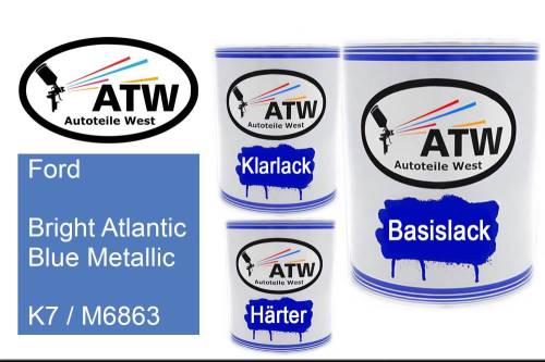Ford, Bright Atlantic Blue Metallic, K7 / M6863: 1L Lackdose + 1L Klarlack + 500ml Härter - Set, von ATW Autoteile West.